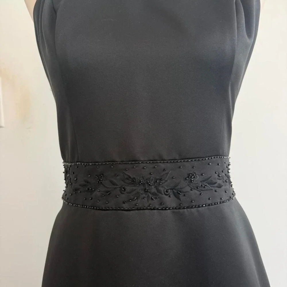 Vintage By Venus Black Satin‎ Halter Gown w/ Beaded Waist — Size 8